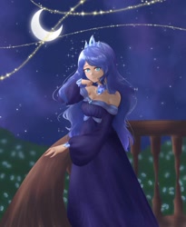 Size: 1447x1764 | Tagged: safe, artist:tatsuk0, imported from derpibooru, princess luna, human, balcony, clothes, crescent moon, dress, female, hand on chin, humanized, moon, s1 luna, sky, smiling, solo, stars