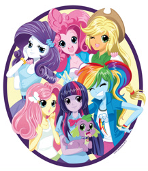 Size: 1181x1358 | Tagged: safe, artist:carrie sleutskaya, imported from twibooru, applejack, fluttershy, pinkie pie, rainbow dash, rarity, spike, twilight sparkle, dog, equestria girls, applejack's hat, bow, bracelet, clothes, cowboy hat, cutie mark, cutie mark on clothes, hairpin, hat, image, jacket, jewelry, needs more jpeg, official, official art, one eye closed, open smile, peace sign, sleeveless, spike the dog, welovefine, wink