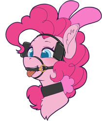 Size: 1430x1700 | Tagged: safe, artist:taytinabelle, edit, editor:anonymous, earth pony, pony, animal costume, bit gag, blinders, bridle, bunny costume, bunny ears, bust, choker, clothes, collar, costume, cute, ear fluff, female, gag, happy, image, latex, mare, png, simple background, smiling, solo, tack, tongue out, transparent background