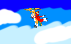 Size: 3200x2000 | Tagged: safe, artist:horsesplease, imported from ponybooru, hitch trailblazer, sprout cloverleaf, earth pony, pony, big ears, cloud, ears, flying, g5, insanity, male, sad, sad hitch, scared, screaming, sky, stallion, wing ears, wings