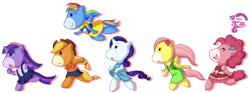 Size: 1343x497 | Tagged: safe, artist:c-puff, imported from derpibooru, applejack, fluttershy, pinkie pie, rainbow dash, rarity, twilight sparkle, earth pony, pegasus, pony, unicorn, :o, applejack's hat, bipedal, bow, clothed ponies, clothes, cowboy hat, dress, flannel shirt, flower, flower in hair, flying, frown, g1, g4, g4 to g1, generation leap, hair bow, hat, japanese, logo, lolita fashion, mane six, open mouth, running, simple background, skirt, smiling, standing, suspenders, takara pony, transparent background