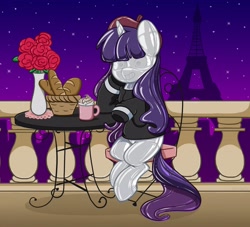 Size: 3200x2900 | Tagged: safe, alternate version, artist:kittyrosie, edit, editor:anonymous, rarity, inflatable pony, pony, pooltoy pony, unicorn, beatnik rarity, beret, clothes, digital art, eiffel tower, female, france, hat, image, inflatable, latex, mare, needs more jpeg, paris, pool toy, sitting, smiling, solo, sweater