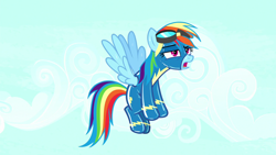 Size: 1280x720 | Tagged: safe, edit, edited screencap, editor:anonymous, screencap, rainbow dash, pegasus, pony, yakity-sax, clothes, female, flying, goggles, latex, latex suit, mare, open mouth, solo, spread wings, sweat, tired, uniform, wings, wonderbolts uniform