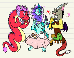 Size: 750x585 | Tagged: safe, artist:chub-wub, artist:dungeonbeardeddragon, imported from derpibooru, discord, draconequus, dragon, beard, cookie, crossover, cup, dragoness, facial hair, female, food, heart, lineart, magic, male, noodles, open mouth, open smile, plate, raya and the last dragon, redraw, sisu, smiling, tea, tea party, teacup, teapot, trio, wish dragon