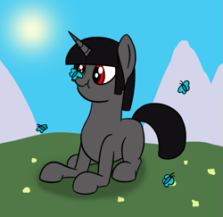 Size: 879x855 | Tagged: safe, artist:librarylonging, imported from derpibooru, oc, oc:ada, butterfly, pony, unicorn, d'lirium, flower, mountain, scrunchy face, solo