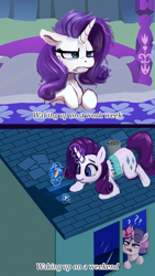 Size: 1000x1778 | Tagged: safe, artist:phutashi, imported from derpibooru, rarity, sweetie belle, pony, unicorn, bed, bed mane, comic, duo, female, filly, foal, frown, grumpy, hammer, levitation, magic, mare, messy mane, morning ponies, nail, night, question mark, roof, roofing, siblings, simpsons did it, sisters, telekinesis, tired, unamused, window