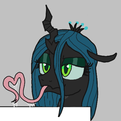 Size: 405x404 | Tagged: safe, artist:legendoflink, imported from derpibooru, queen chrysalis, changeling, changeling queen, aggie.io, bust, drool, eyeshadow, female, heart, horn, lidded eyes, long tongue, lowres, makeup, prehensile tongue, raised eyebrow, simple background, solo, tongue out, wingding eyes