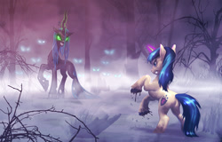 Size: 1563x1000 | Tagged: safe, artist:harwick, imported from derpibooru, queen chrysalis, shining armor, changeling, changeling queen, pony, unicorn, badass, butt, dark forest, duo, female, fight, glowing, glowing eyes, magic, male, mist, plot, rearing, stallion, swarm, teeth, water