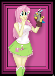 Size: 2975x4092 | Tagged: safe, artist:lennondash, imported from derpibooru, discord, fluttershy, draconequus, human, equestria girls, butterfly hairpin, clothes, dialogue in the description, hand over mouth, hand puppet, open mouth, out of frame, pink background, puppet, simple background, skirt, solo, tanktop, ventriloquism