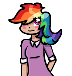 Size: 3180x3356 | Tagged: safe, artist:nitlynjane, imported from derpibooru, rainbow dash, human, arm behind back, blush sticker, blushing, clothes, dress, female, humanized, rainbow dash always dresses in style, simple background, smiling, solo, transparent background