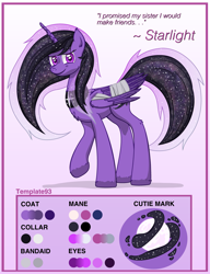 Size: 3300x4300 | Tagged: safe, artist:template93, imported from derpibooru, oc, oc only, oc:starlight, alicorn, pony, alicorn oc, bandage, bandaged wing, collar, commission, cracked horn, female, flowing mane, horn, reference sheet, smiling, solo, stars, wings