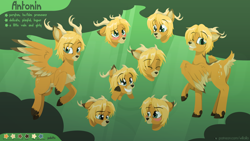 Size: 1920x1080 | Tagged: safe, artist:willoillo, imported from derpibooru, oc, oc only, oc:antonin, deer, deer pony, original species, peryton, pony, blushing, butt, commission, emotes, plot, reference sheet, solo