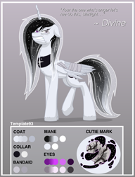 Size: 3300x4300 | Tagged: safe, artist:template93, imported from derpibooru, oc, oc only, alicorn, pony, alicorn oc, angry, bandage, bandaged wing, collar, cracked horn, evil, female, flowing mane, horn, reference sheet, solo, stars, wings