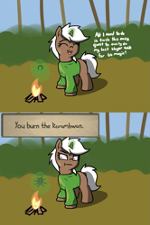 Size: 947x1422 | Tagged: safe, artist:neuro, imported from derpibooru, oc, oc only, pony, unicorn, 2 panel comic, campfire, comic, eyes closed, female, filly, foal, frown, levitation, magic, open mouth, open smile, runescape, smiling, solo, telekinesis
