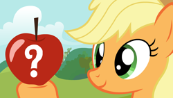 Size: 1280x720 | Tagged: safe, artist:tobbby92, imported from derpibooru, applejack, earth pony, pony, apple, female, food, hoof hold, looking at something, mare, question mark, solo, youtube link