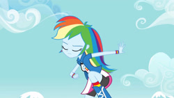 Size: 3410x1920 | Tagged: safe, imported from derpibooru, screencap, rainbow dash, human, equestria girls, equestria girls (movie), boots, clothes, cutie mark on clothes, eyes closed, female, high res, shoes, solo