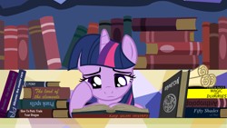 Size: 1920x1080 | Tagged: safe, artist:tobbby92, imported from derpibooru, twilight sparkle, alicorn, pony, book, book title humor, death note, female, fifty shades of grey, for dummies, i robot, library, lord of the rings, mare, necronomicon, reading, scroll, solo, supporting head, tired, twilight sparkle (alicorn), wallpaper