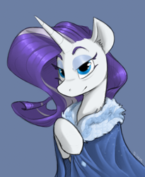 Size: 900x1100 | Tagged: safe, artist:sinrar, imported from derpibooru, rarity, pony, unicorn, the last problem, blue background, bust, cloak, clothes, female, mare, older, older rarity, simple background, solo