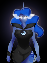 Size: 2220x2980 | Tagged: safe, artist:diamondgreenanimat0, imported from derpibooru, princess luna, human, 2022, angry, breasts, busty princess luna, clothes, curvy, cutie mark on human, dress, eye mist, female, halfbody, hips, horn, horned humanization, hourglass figure, humanized, looking at you, pony coloring, solo, white eyes