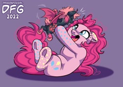 Size: 2039x1447 | Tagged: safe, artist:dragonfoxgirl, imported from derpibooru, pinkie pie, oc, bat pony, earth pony, pony, 2022, holding a pony, smiling