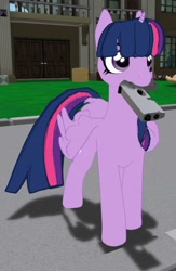 Size: 739x1134 | Tagged: safe, artist:acesential, imported from derpibooru, twilight sparkle, alicorn, pony, ed, female, gun, handgun, mare, mouth hold, pistol, reaction image, second life, solo, twilight sparkle (alicorn)