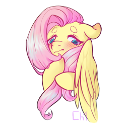 Size: 1500x1500 | Tagged: safe, artist:meoconchi, imported from derpibooru, fluttershy, pegasus, pony, beanbrows, blushing, bust, cute, eyebrows, female, floppy ears, looking away, mare, playing with hair, shyabetes, signature, simple background, solo, transparent background