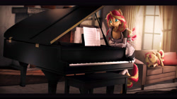 Size: 9600x5400 | Tagged: safe, artist:imafutureguitarhero, imported from derpibooru, sunset shimmer, anthro, classical unicorn, pony, unguligrade anthro, unicorn, 3d, absurd file size, absurd resolution, anthro ponidox, anthro with ponies, black bars, boob freckles, breast fluff, breasts, c:, chair, cheek fluff, chest freckles, chromatic aberration, clothes, cloven hooves, colored eyebrows, colored eyelashes, couch, curtains, cute, daaaaaaaaaaaw, dress, duo, ear fluff, ear freckles, ear piercing, earring, eyes closed, face down ass up, female, film grain, fireplace, floppy ears, fluffy, fluffy hair, fluffy mane, fluffy tail, freckles, french maid, frog (hoof), fur, gloves, glowing, hoof fluff, horn, indoors, jewelry, leaning, leggings, leonine tail, long gloves, long hair, long mane, long socks, maid, mare, multicolored hair, multicolored mane, multicolored tail, musical instrument, neck fluff, nose wrinkle, one ear down, painting, paintover, peppered bacon, piano, piercing, pillow, pot, revamped anthros, revamped ponies, rug, scrunchy face, self paradox, self ponidox, sheet music, shimmerbetes, signature, smiling, socks, source filmmaker, stool, stretching, sunlight, tail, underhoof, unshorn fetlocks, volumetric light, wall of tags, window