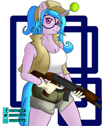 Size: 2118x2613 | Tagged: safe, artist:papery xlp, imported from derpibooru, izzy moonbow, anthro, unicorn, ak-47, assault rifle, ball, breasts, busty izzy moonbow, clothes, cosplay, costume, crossover, female, fio germi, g5, glasses, gloves, gun, hat, izzy's tennis ball, metal slug, rifle, round glasses, shorts, simple background, solo, tennis ball, transparent background, weapon