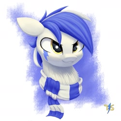 Size: 1511x1511 | Tagged: safe, artist:t15, imported from derpibooru, oc, oc only, oc:thunder shines, pony, blue background, blue mane, bust, chest fluff, clothes, confident, facial markings, open mouth, scarf, simple background, solo, striped scarf, teeth, white background, yellow eyes