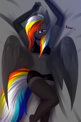 Size: 3000x4500 | Tagged: safe, artist:darky_wings, imported from derpibooru, oc, oc only, oc:darky wings, anthro, pegasus, plantigrade anthro, bedroom eyes, belly button, bra, breasts, choker, clothes, collar, female, horny, looking at you, mare, rawr, socks, solo, stockings, thigh highs, thigh socks, thighs, underboob, underwear, wings