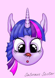 Size: 1131x1599 | Tagged: safe, artist:saturnus sector, imported from derpibooru, twilight sparkle, insect, ladybug, pony, female, insect on nose, ladybug on nose, mare, purple background, simple background, solo, surprised