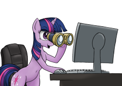 Size: 1200x850 | Tagged: safe, artist:anearbyanimal, artist:jessijinx, edit, imported from derpibooru, twilight sparkle, pony, unicorn, belly button, binoculars, bipedal, bipedal leaning, chair, computer, computer mouse, duckery in the comments, eyes on the prize, female, hoof hold, keyboard, leaning, mare, meme, monitor, open mouth, open smile, ponified meme, pubic mound, reaction image, simple background, smiling, solo, transparent background, unicorn twilight, wingless, wingless edit
