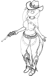 Size: 580x887 | Tagged: safe, artist:jessijinx, imported from derpibooru, oc, oc only, oc:velvet penrose, anthro, belt, black and white, boots, breasts, cleavage, clothes, cowboy boots, cowboy hat, cowgirl, cowgirl outfit, cursor, female, grayscale, gun, handgun, hat, looking at you, monochrome, revolver, shoes, sketch, solo