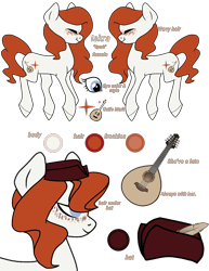 Size: 1376x1787 | Tagged: safe, artist:moonert, imported from derpibooru, oc, oc only, earth pony, pony, bust, earth pony oc, guitar, hat, musical instrument, reference sheet, simple background, smiling, transparent background