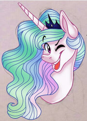 Size: 355x494 | Tagged: safe, artist:moonert, imported from derpibooru, princess celestia, alicorn, pony, bust, female, jewelry, mare, one eye closed, simple background, smiling, tiara, wink