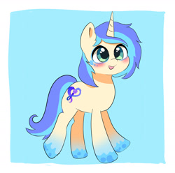 Size: 1622x1607 | Tagged: safe, artist:leo19969525, imported from derpibooru, oc, oc only, pony, unicorn, blue background, blue hair, blue tail, blushing, cute, green eyes, hair, horn, looking at you, male, ocbetes, simple background, solo, tail