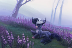 Size: 5040x3387 | Tagged: safe, artist:mithriss, imported from derpibooru, oc, oc only, earth pony, pony, bell, ear piercing, earring, flower, fog, grass, hooves, jewelry, piercing, purple background, simple background, solo, two toned coat, two toned mane, unshorn fetlocks