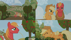 Size: 1280x720 | Tagged: safe, edit, edited screencap, editor:quoterific, imported from derpibooru, screencap, applejack, big macintosh, earth pony, pony, applebuck season, season 1, apple, duo, eyes closed, female, food, male, mare, one eye closed, open mouth, stallion, text, tree, wink