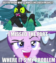Size: 600x674 | Tagged: safe, edit, edited screencap, imported from derpibooru, screencap, queen chrysalis, starlight glimmer, changeling, pony, unicorn, season 9, the ending of the end, spoiler:s09, caption, female, mare, marvel, meme, spider-man, text, ultimate chrysalis
