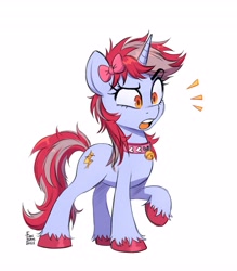 Size: 3590x4096 | Tagged: safe, artist:fanzeem, imported from derpibooru, oc, oc only, oc:cinnamon lightning, pony, unicorn, confused, dishevelled, eyebrows, eyebrows visible through hair, full body, high res, hooves, horn, messy mane, open mouth, raised eyebrow, raised hoof, signature, simple background, solo, standing, tail, two toned mane, two toned tail, unicorn oc, unshorn fetlocks, white background