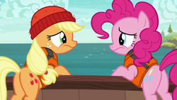 Size: 1280x720 | Tagged: safe, imported from derpibooru, screencap, applejack, pinkie pie, earth pony, pony, ppov, season 6, bipedal, butt, disappointed, duo, duo female, female, looking at each other, looking at someone, mare, plot, sad