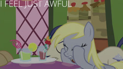 Size: 1280x720 | Tagged: safe, edit, edited screencap, editor:quoterific, imported from derpibooru, screencap, derpy hooves, doctor whooves, savoir fare, time turner, earth pony, pegasus, pony, season 5, slice of life (episode), eyes closed, female, horte cuisine, male, mare, mouth hold, offscreen character, solo focus, stallion, text