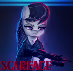 Size: 1070x1032 | Tagged: safe, artist:menalia, imported from derpibooru, octavia melody, earth pony, pony, assault rifle, bipedal, dark background, female, grenade launcher, gun, m16, mafia, mafia octavia, mare, rifle, scar, scarface, simple background, text, weapon