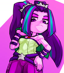 Size: 1543x1763 | Tagged: safe, artist:kyouman1010, imported from derpibooru, aria blaze, human, equestria girls, :<, bare shoulders, clothes, female, gem, hand on hip, lidded eyes, looking at you, looking down, looking down at you, low angle, siren gem, sleeveless, solo, strapless