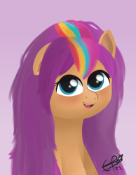 Size: 1550x2000 | Tagged: safe, artist:cobaltskies002, imported from derpibooru, sunny starscout, earth pony, pony, blushing, cute, female, floppy ears, g5, loose hair, mane stripe sunny, mare, multicolored hair, my little pony: tell your tale, one ear down