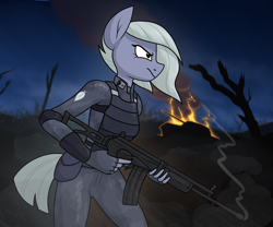 Size: 1806x1500 | Tagged: safe, artist:moonatik, imported from derpibooru, limestone pie, anthro, earth pony, alternate timeline, armor, battlefield, clothes, female, fire, galil, gloves, gun, mare, military pony, military uniform, new lunar millennium, night, nightmare takeover timeline, rifle, smoke, soldier, solo, tank (vehicle), trigger discipline, uniform, weapon