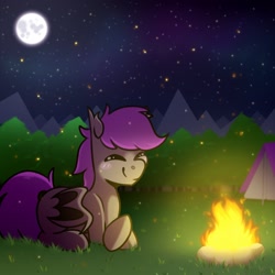 Size: 2894x2894 | Tagged: safe, artist:jellysketch, imported from derpibooru, oc, oc only, bat pony, pony, campfire, moon, night, sky, solo, stars, tent