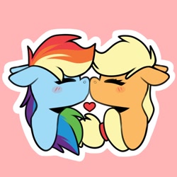 Size: 650x650 | Tagged: safe, artist:jellysketch, imported from derpibooru, applejack, rainbow dash, earth pony, pegasus, pony, appledash, blue coat, blushing, bust, duo, duo female, ears back, eyes closed, female, hairband, heart, kiss on the lips, kissing, lesbian, mane, mare, multicolored hair, orange coat, pink background, rainbow hair, shipping, simple background, yellow mane