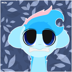 Size: 2000x2000 | Tagged: safe, artist:arche, imported from derpibooru, oc, oc only, oc:blue chewings, earth pony, pony, blue background, blue eyes, blue hair, bone, bust, chew toy, cute, earth pony oc, pink hair, simple background, solo, two toned mane