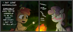 Size: 2300x1014 | Tagged: safe, artist:chopsticks, imported from derpibooru, button mash, sweetie belle, earth pony, pony, unicorn, accidental innuendo, blushing, campfire, cheek fluff, chest fluff, colt, comic, dialogue, duo, ear fluff, female, filly, fire, foal, food, hat, implied shipping, innocent innuendo, innuendo, male, marshmallow, night, open mouth, roasted marshmallow, shipping, straight, sweetie belle is a marshmallow too, sweetiemash, text, unshorn fetlocks